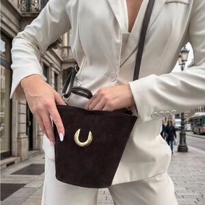 Elegant Made in Italy dark brown Suede Crossbody Bag with Gold Accent